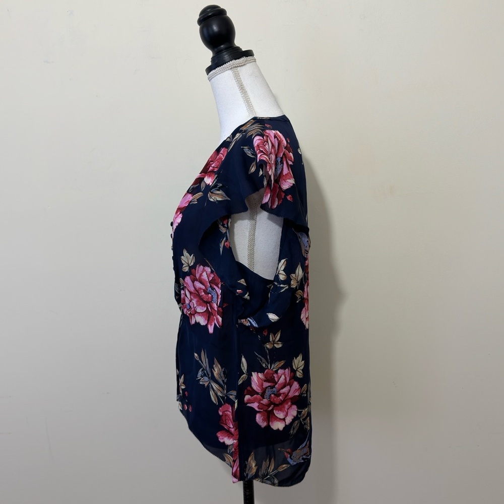 Joie Crisbell 100% Silk Floral Blouse Navy Pink Ruffle Sleeve Top L - Picture 3 of 12